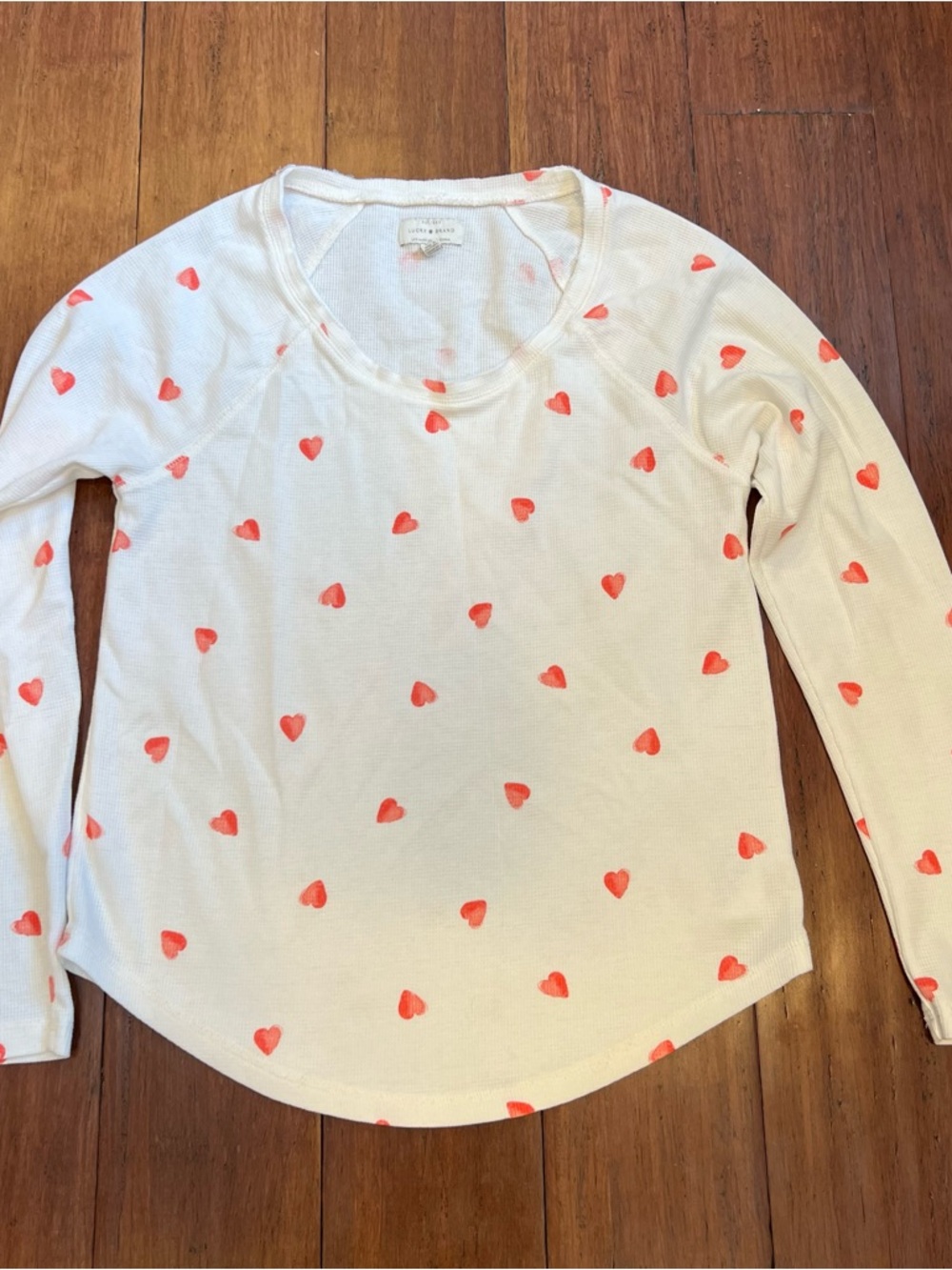 Lucky Brand White Long Sleeve Heart Print Thermal Top